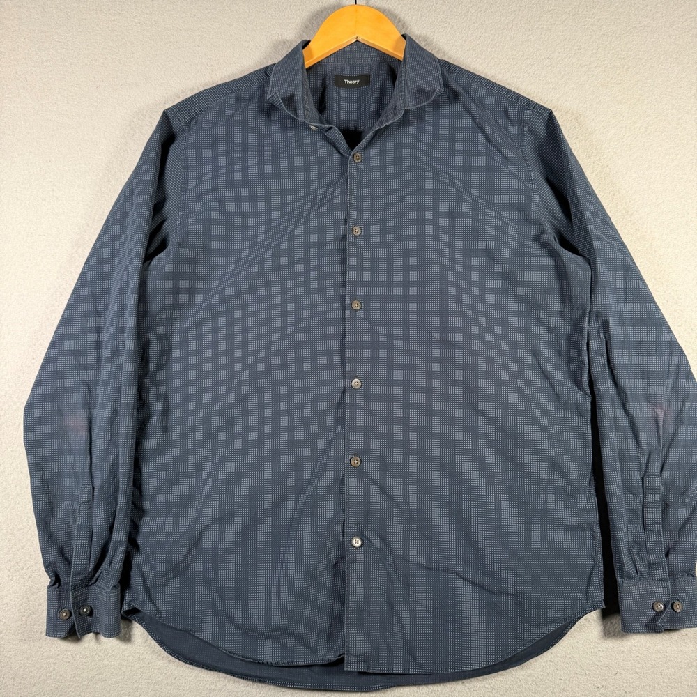 Theory Murray Charlton Mens XL Navy Blue Geometric Micro Print Cotton Shirt